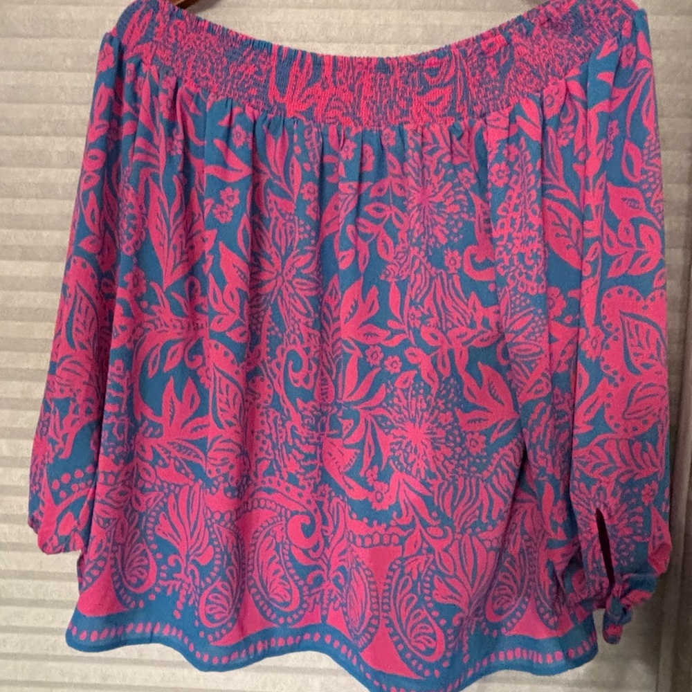 Lilly Pulitzer Pink and Teal Abstract Print off the shoulder blouse size large - Picture 2 of 7